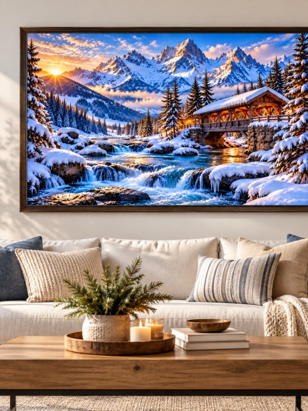 Winter Mountain Wall Art, Covered Bridge Snow Print - Picture 4 of 10